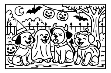 dogs playing on halloween fun illustration to color
