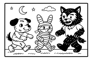 rabbit and dog in costume passing by werewolf halloween 
