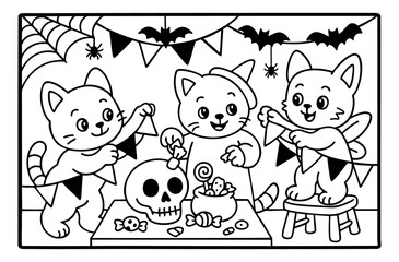 cute kittens decorating for halloween coloring page illustration
