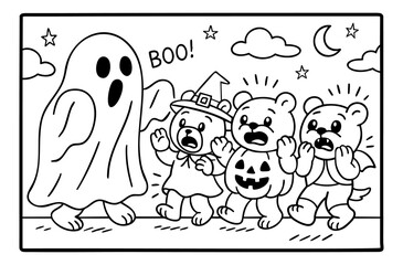 little bears scared by ghosts on halloween coloring book illustration