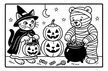 cute little ones dressed up for Halloween coloring page illustration
