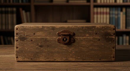 Rustic wooden box on wood table with blurred bookshelf background perfect storage for treasured items personal objects and precious memories