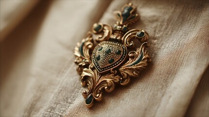 Obraz premium Luxurious close-up of badge pin on beige cloth and decorative green elements