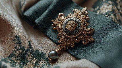 Luxurious close-up of badge pin on beige cloth and decorative green elements