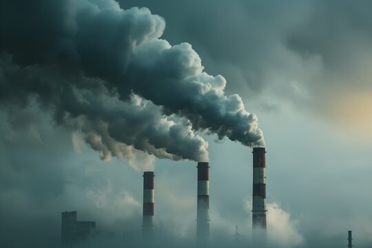 Industrial factory chimneys releasing dark smoke into sky, air pollution and climate change theme, gloomy background.