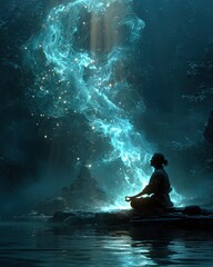 Fototapeta premium Calm seated figure breathing spirit orbs into the air, gentle vortex around body