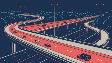 Illustration of a winding highway at night with cars and trucks under streetlights with trees behind © RizwanUllah