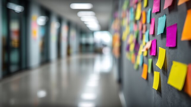 Colorful sticky notes on office wall
