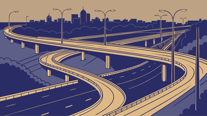 Illustration of a complex highway interchange with multiple overpasses and city skyline in the background © RizwanUllah