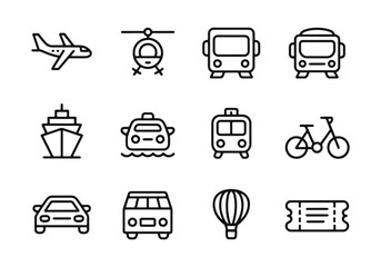 Collection of black line art icons for transportation and travel airplane helicopter