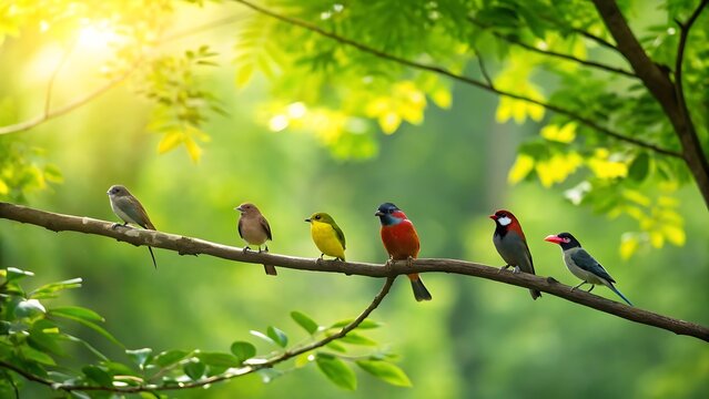 A flock of colorful birds perched on a branch in a lush green forest