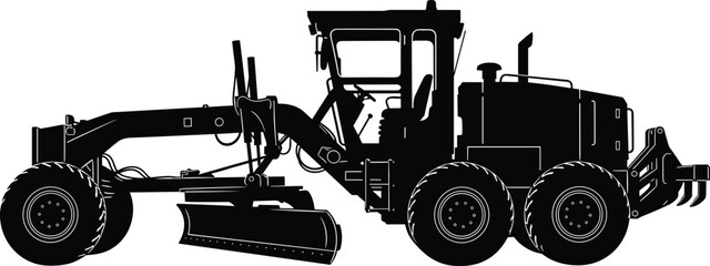 Silhouette of motor grader construction machine, heavy equipment for road leveling, industrial grader vehicle for civil engineering and site preparation