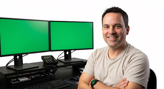Young Male Employee at Workplace with Two Blank Green Screen Computer Monitors for Corporate Presentation Mock-up Template.