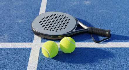 Essential padel sport equipment, a modern racket and two balls on the white lines of a textured blue court