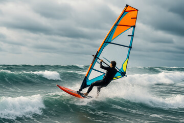Windsurfer riding waves under cloudy sky at the beach