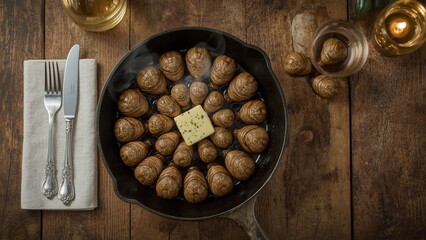 An overhead view of escargots in a cast iron pan, each shell perfectly arranged and steaming with hot herb butter