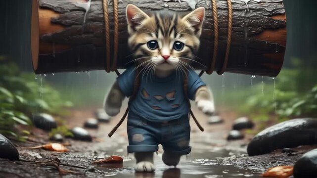 Little kitten character with a large log strapped to its back, trudging through a muddy forest path in the rain.