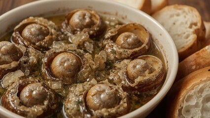 A close-up shot of traditional French escargots served in a ceramic dish, each snail nestled in its shell with bubbling garlic-parsley butter