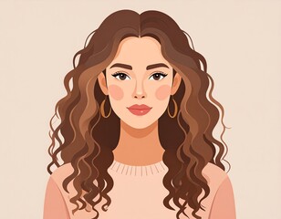 Vector portrait of a young woman with natural curls and a calm expression, stylized in flat mid-tone color blocks with minimal shading — modern editorial style