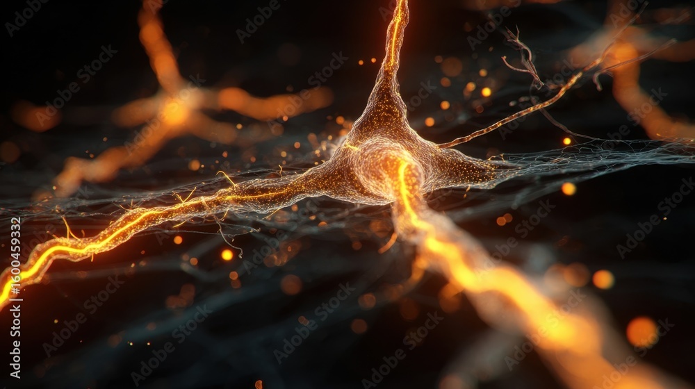 Poster dynamic neural network visualization with erratic orange electrical pulses misfiring representing di