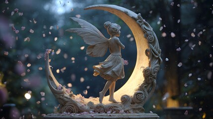 Elegant fairy statue posed in a moonlit garden with falling petals and a glowing crescent moon