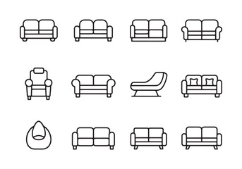 Collection of black outline sofa and armchair icons on white background couch furniture