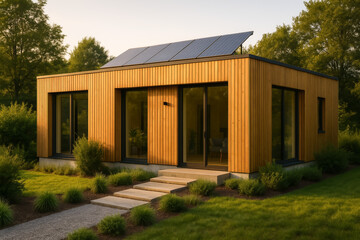 Obraz premium Modern wooden house with solar panels in tranquil environment