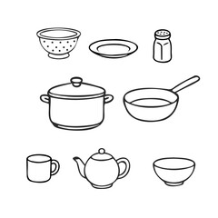Kitchen utensils set black and white line art FlatOutline style vector