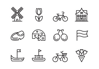Collection of Dutch cultural icons including windmill tulip bicycle house cheese clog flag boat and flowers