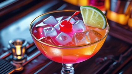 Close-up of a vibrant cocktail garnished with a lime wedge and cherry.