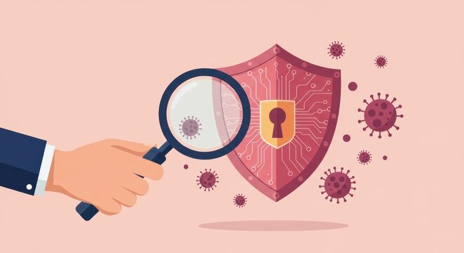 A hand holds a magnifying glass inspecting a digital shield, protecting against viruses, symbolized by microscopic organisms scattered around it on a pink background.