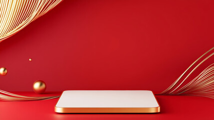 Red background holiday themed e-commerce product exhibition booth