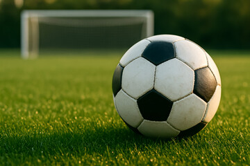 Fototapeta premium Close-up of a soccer ball on green grass field