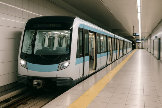 Modern subway train arriving at an underground station platform