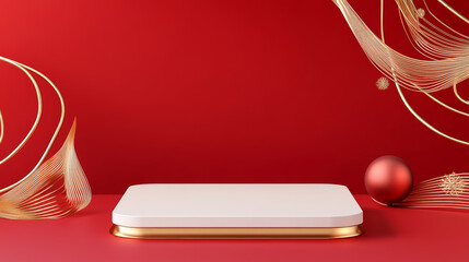 Red background holiday themed e-commerce product exhibition booth