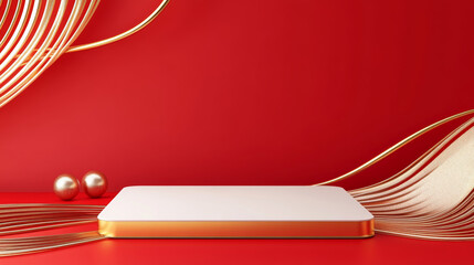 Red background holiday themed e-commerce product exhibition booth