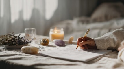 Cozy journaling scene with candles and crystals for relaxation and mindfulness,Psychic Day