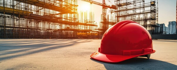 Red hard hat placed on concrete surface with steel framework and construction site in background during sunset