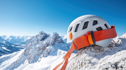 Bright Alpine Scene with Climbing Helmet on Mountain Peak