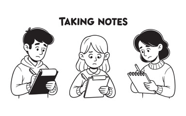 Set of people taking notes cartoon vector illustration