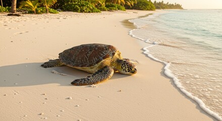 A large sea turtle crawls on a pristine white sand beach near the gentle, turquoise ocean waves at sunrise, lush tropical vegetation forms a backdrop