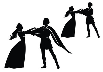 beautiful fairy tale princess and prince holding arms - woman and men dancing together black and white vector silhouette © Cattallina