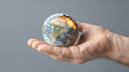 Hand Holding Earth Depicting Climate Crisis with Visible Damage