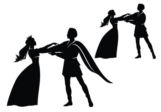beautiful fairy tale princess and prince holding arms - woman and men dancing together black and white vector silhouette