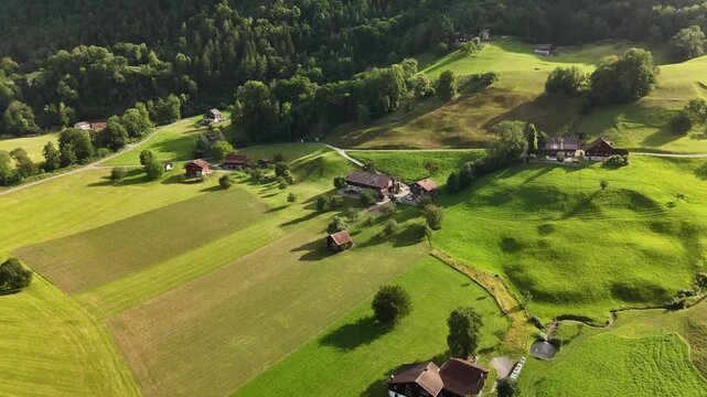 Scenic Aerial View of a Valley with Green Fields and Mountain Landscape in Switzerland near Flums, Berschis, and Walenstadt in the Canton of St. Gallen &ndash; Drone Footage