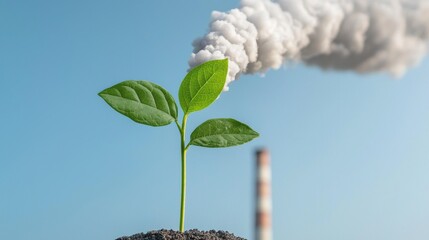 Green Sapling Growing Near Factory Emitting Smoke and Pollution