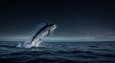 Fototapeta premium Leaping marlin arches high above choppy ocean under starry night sky, water sprays as fish jumps