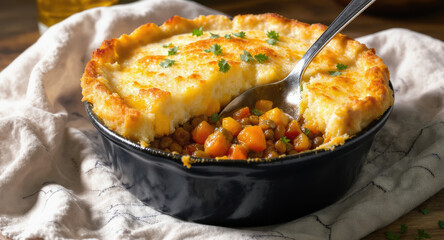 Plant-Based Diet Recipes. Delicious shepherd's pie served in a black dish with a spoon.