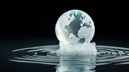 Close-Up of Ice Globe Featuring Etched Continents on Water Surface