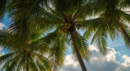 Ripe coconuts hang from a lush palm tree against a bright blue sky with clouds